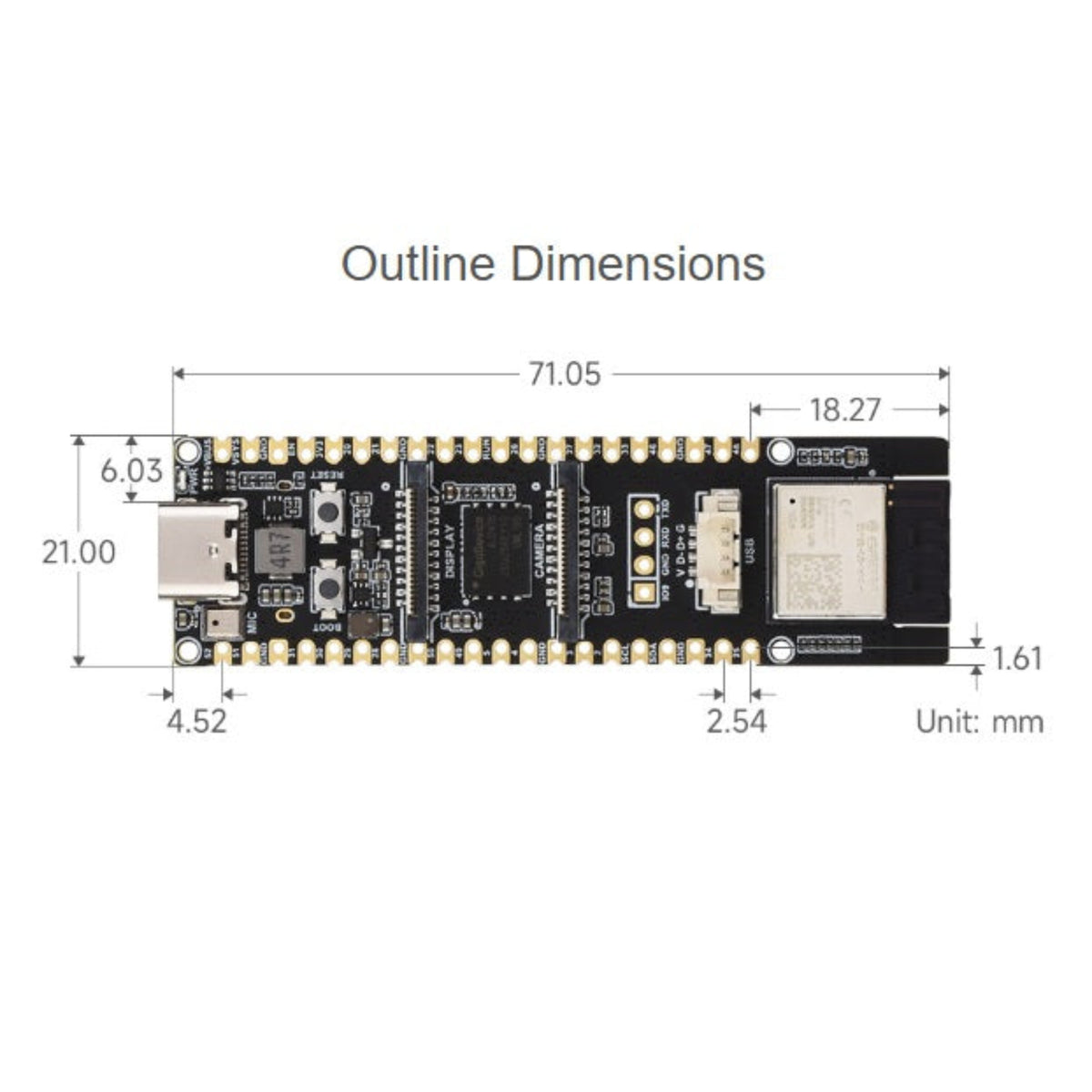 ESP32-P4-WIFI6 底板尺寸圖 (71.05 x 21 mm)，輕巧設計適合各類電子零件整合。到店購買享有專業技術建議。