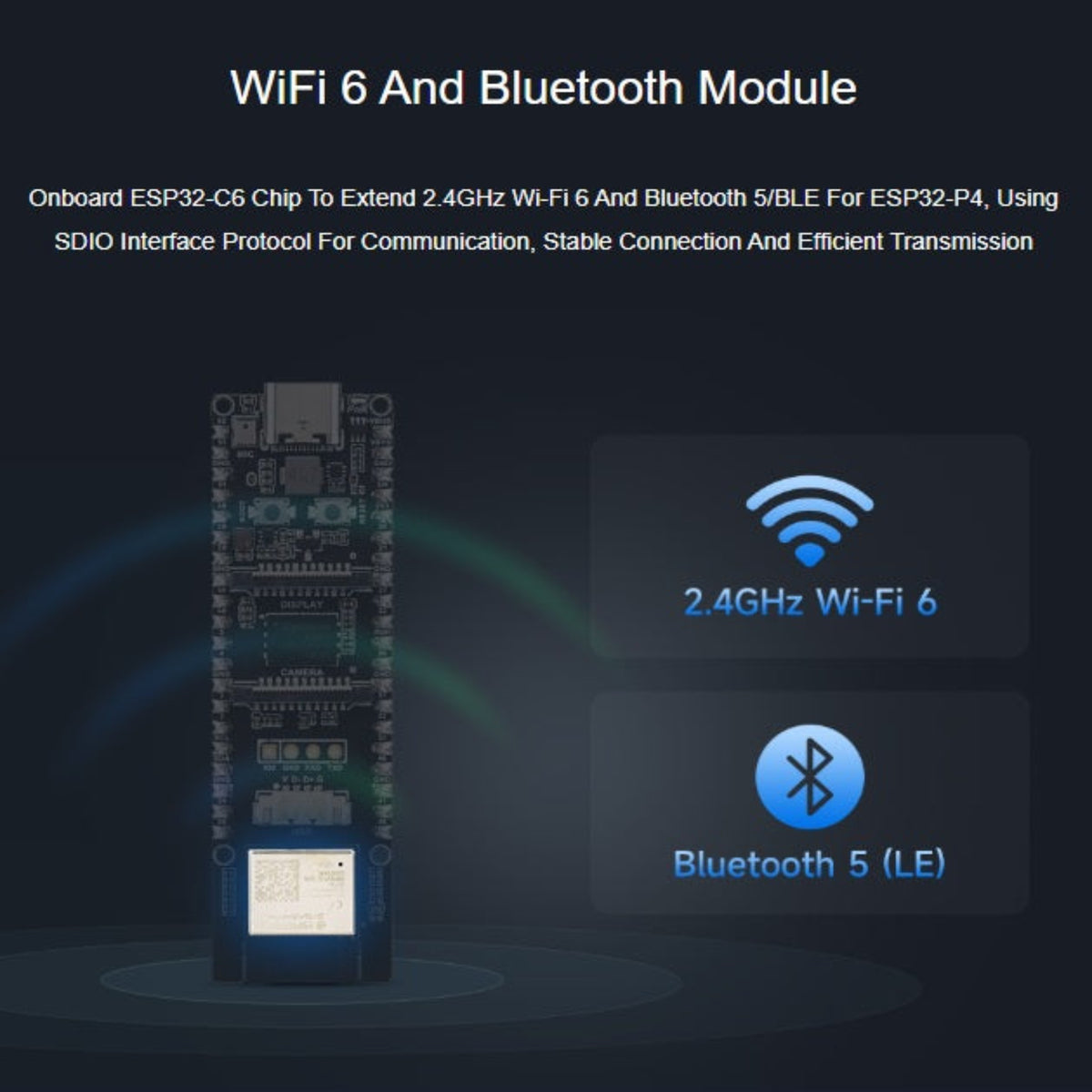 ESP32-P4 開發板透過 ESP32-C6 擴充 2.4GHz Wi-Fi 6 及藍牙 5，提供穩定高速的無線連接，適合工程採購。