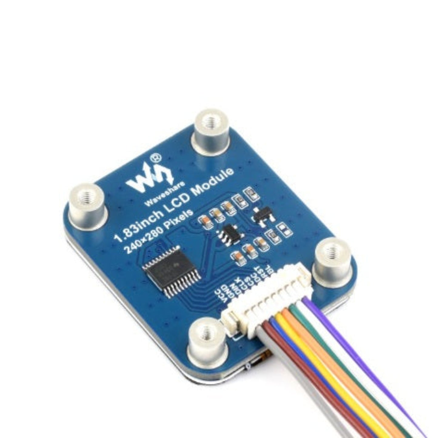 Rear view of the 1.83" LCD module showing SPI pins, voltage translator, and NV3030B driver components.