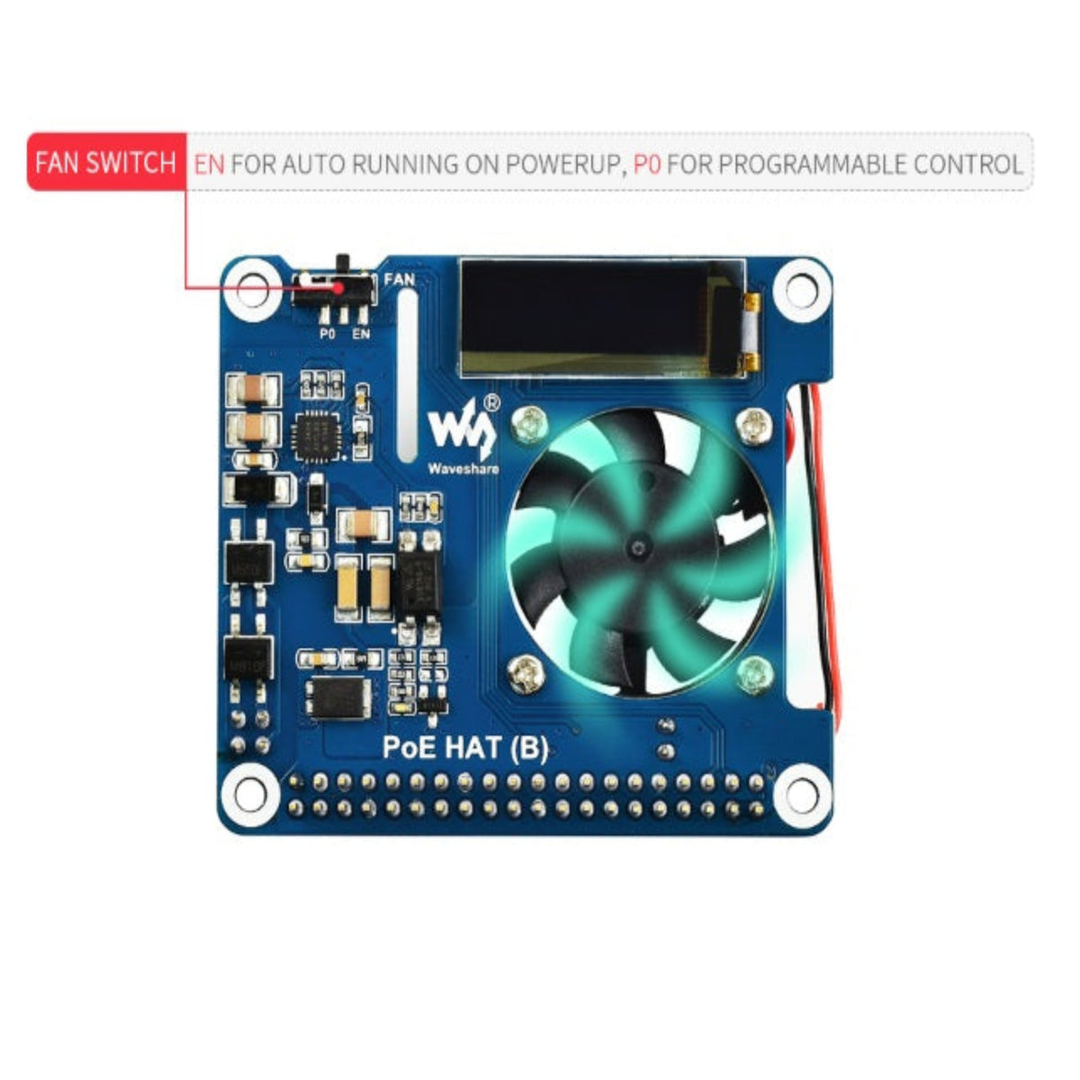 設有可編程主動散熱風扇及實體切換開關，有效防止 Raspberry Pi 在高負載運作時過熱降頻。