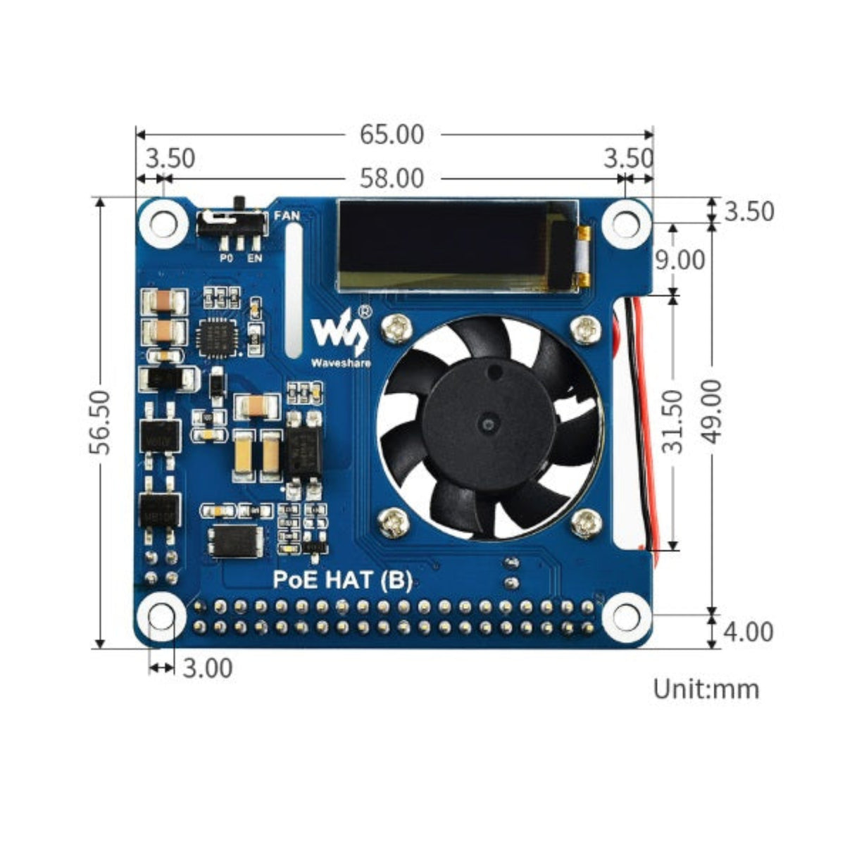 Waveshare PoE HAT (B) 尺寸規格圖，標示具體長寬及開孔距離，助你精準規劃 DIY 外殼安裝。