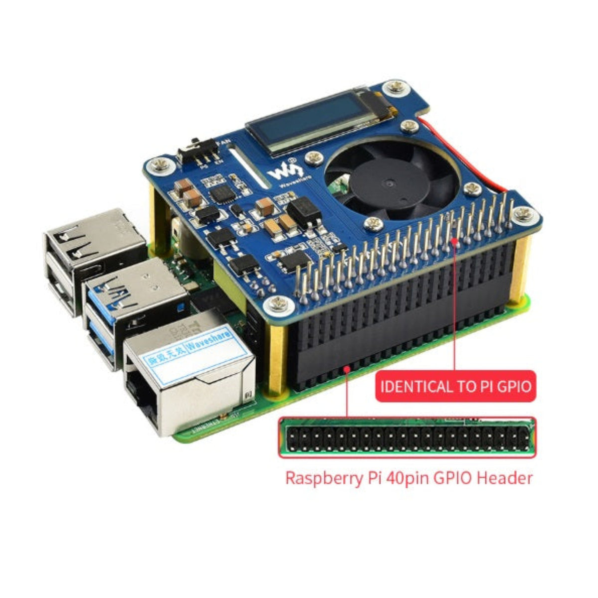 示範 PoE HAT 安裝於 Raspberry Pi 底板，具備標準 40-pin GPIO 擴充接頭，無損原生擴充性。