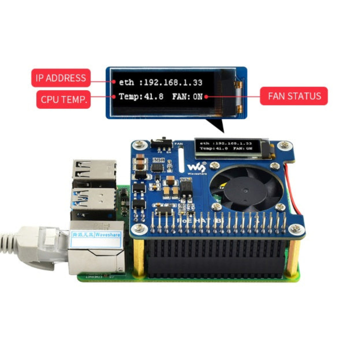 內建 OLED 熒幕，實時顯示 Raspberry Pi 的 IP 地址、處理器溫度及散熱風扇狀態，方便無頭伺服器管理。