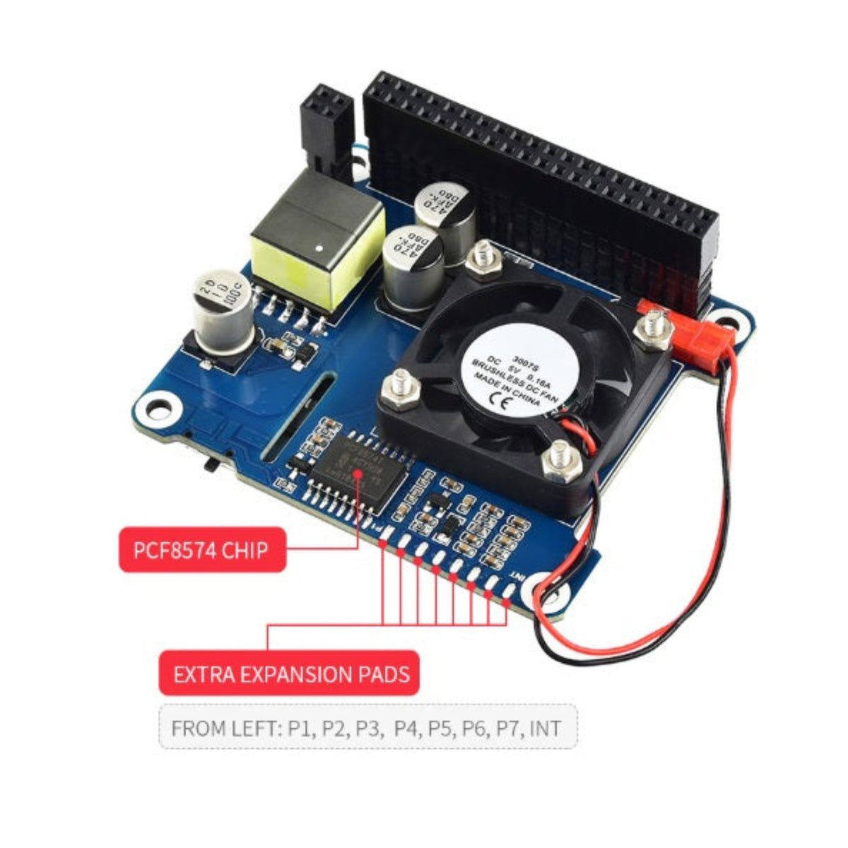 底部配備 PCF8574 IO 擴充晶片及額外焊盤，方便串聯其他 I2C 感測器，適合 STEM 及工程應用。