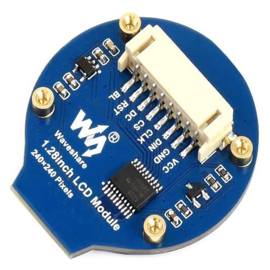 Rear view of Waveshare 1.28 inch LCD module showing the GC9A01 driver chip and SPI interface pinout on a blue circular PCB.