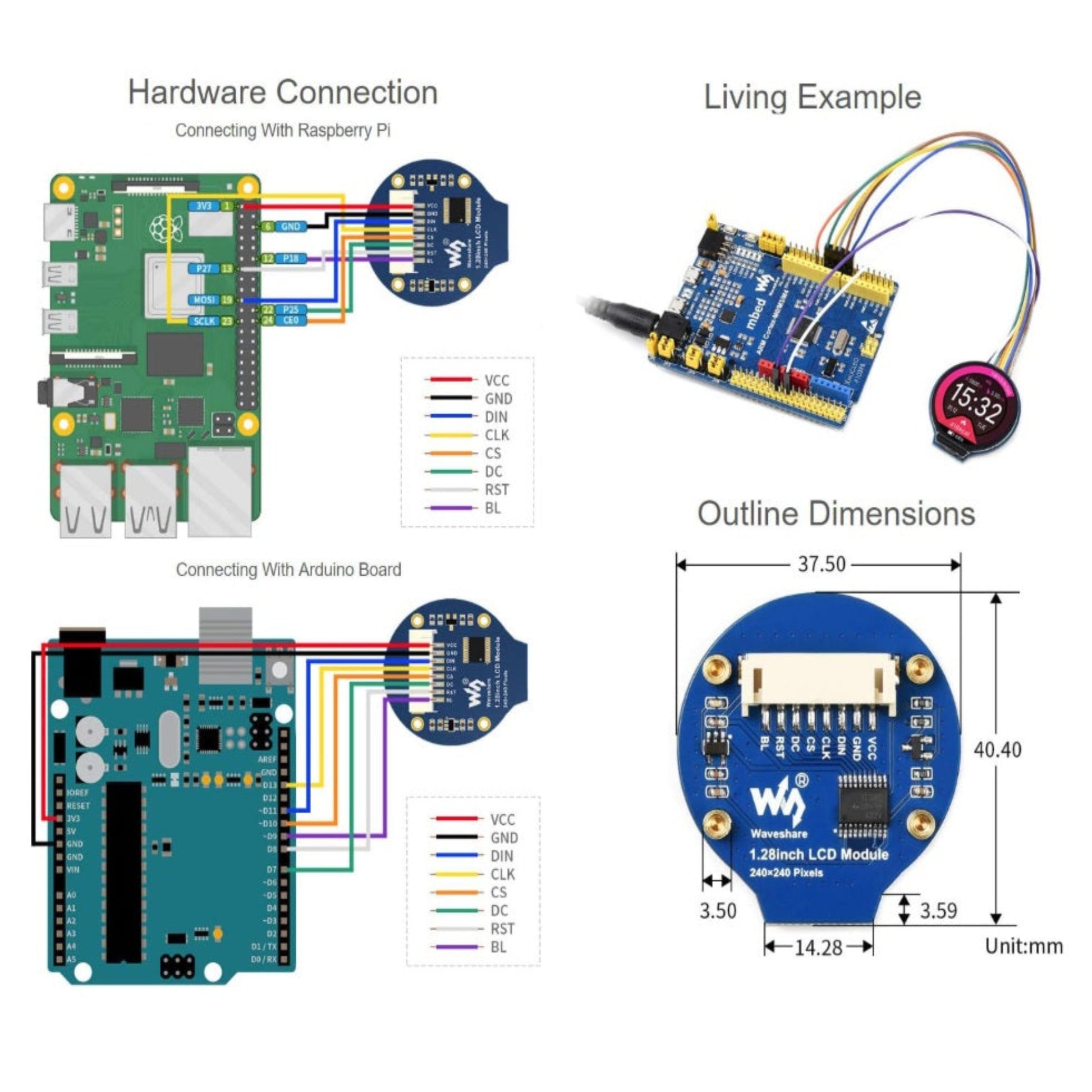 Wiring diagrams for Raspberry Pi and Arduino plus mechanical dimensions for the 1.28 inch round LCD module.