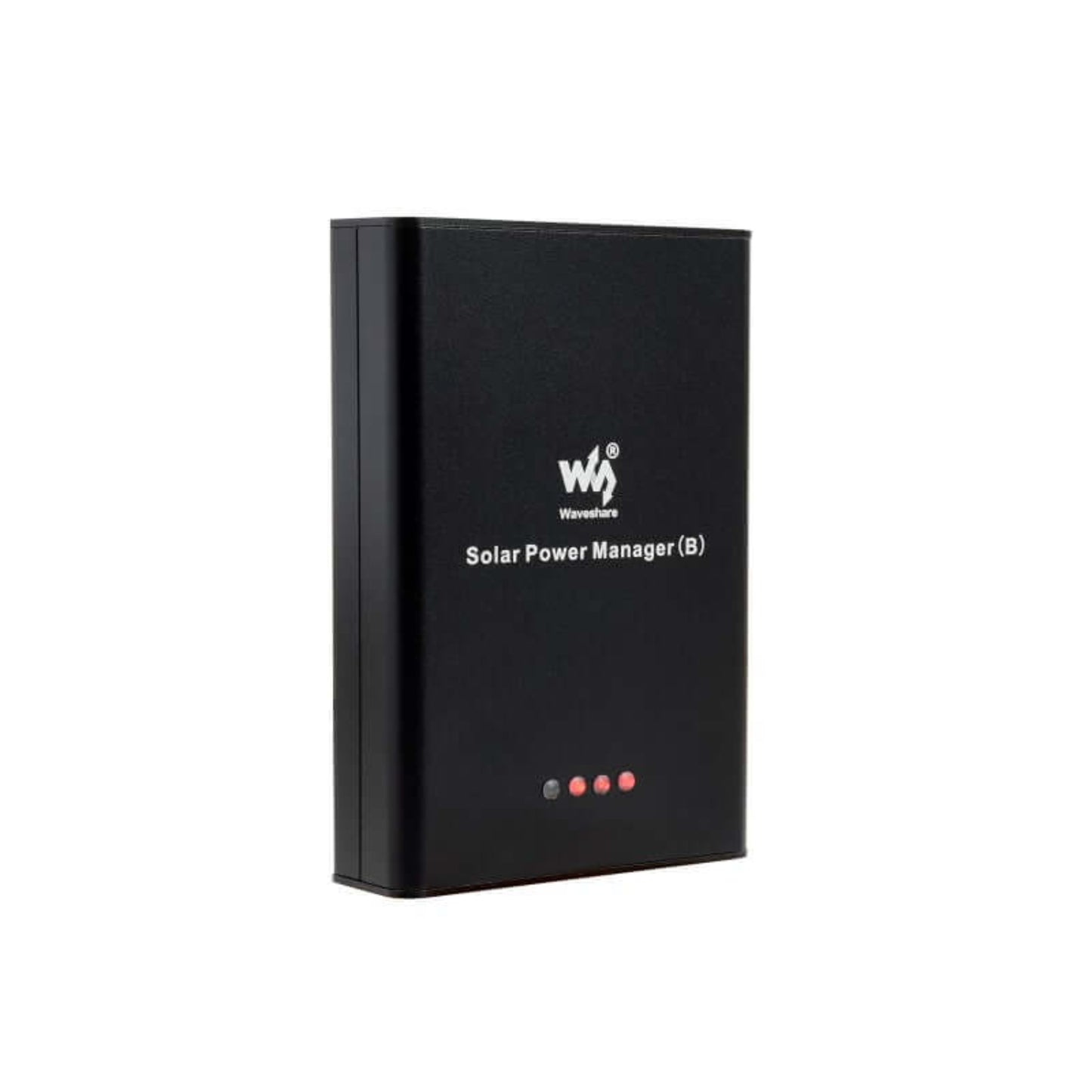 Side view of the Solar Power Manager (B), a black enclosure for an outdoor power system.