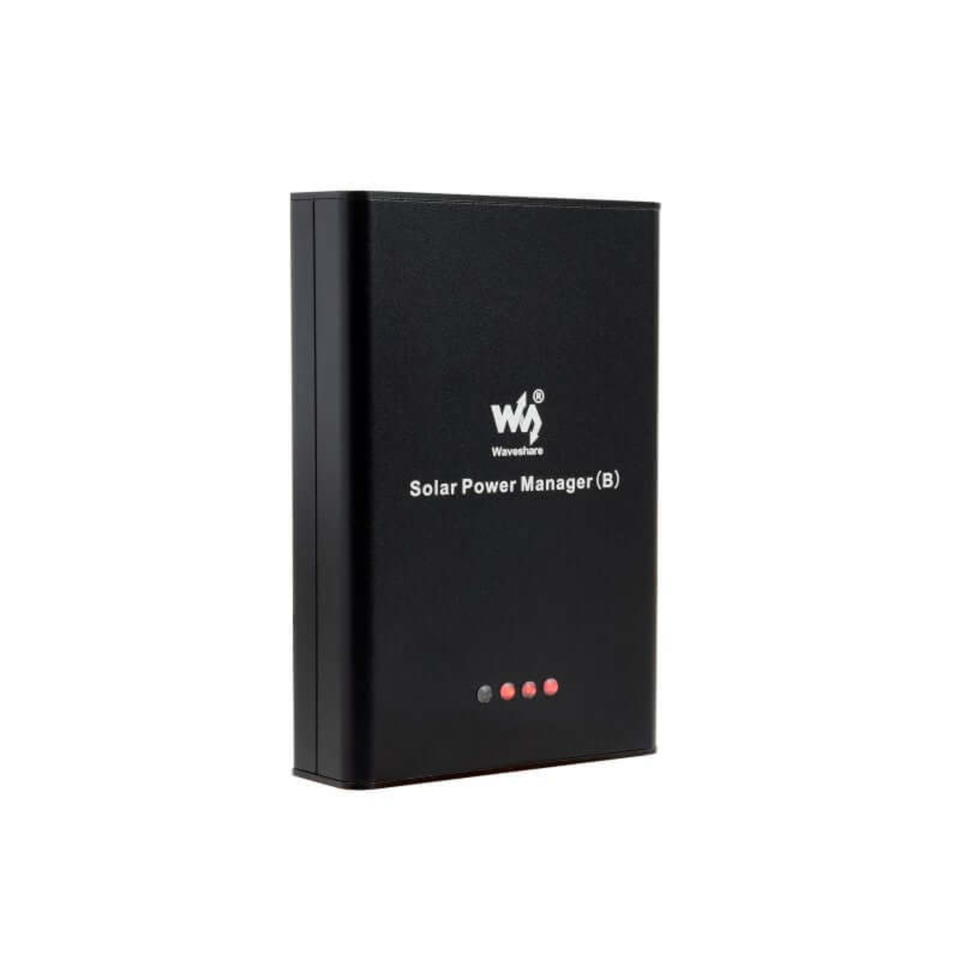 Side view of the Solar Power Manager (B), a black enclosure for an outdoor power system.