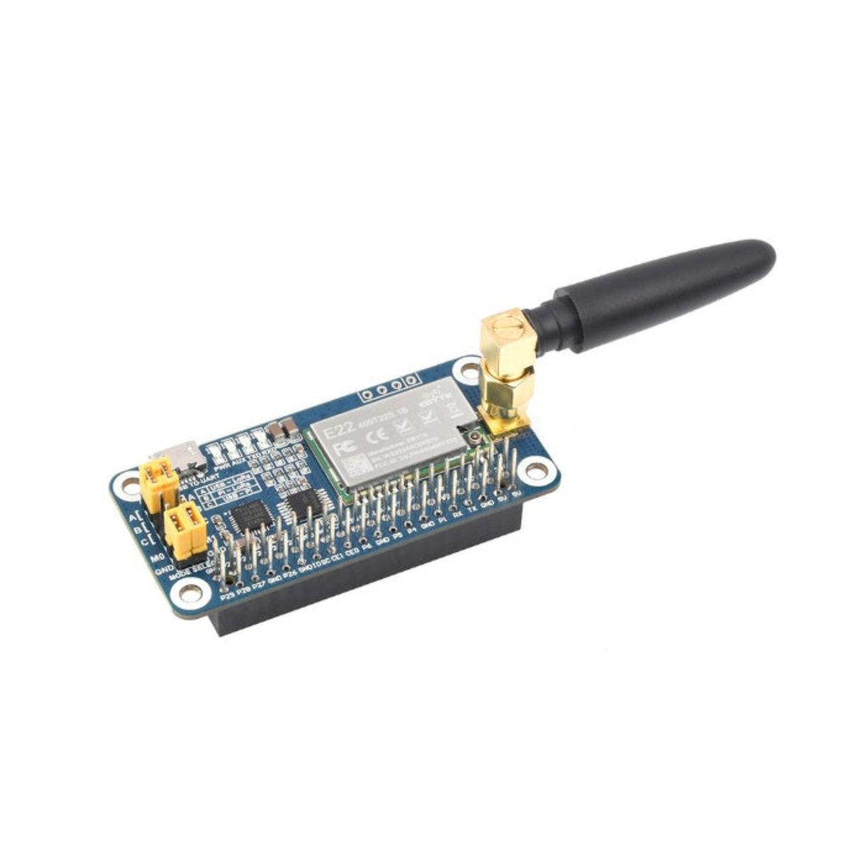 A blue electronic module with a black antenna, gold connectors, and a central gray component, photographed on a plain white background.