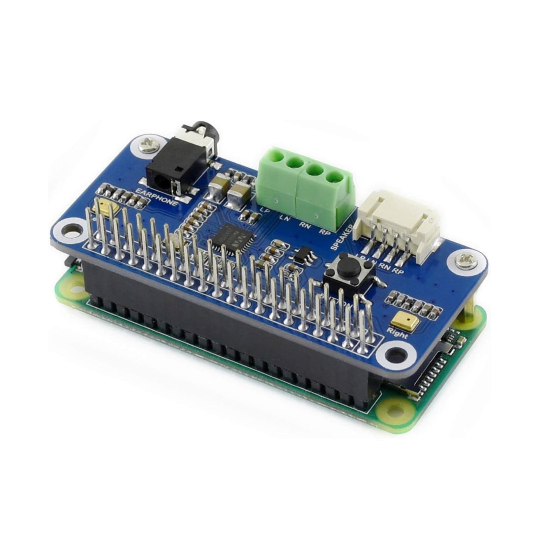 將 WM8960 Hi-Fi 聲卡安裝於 Raspberry Pi 40PIN GPIO 接口的斜視示意圖。