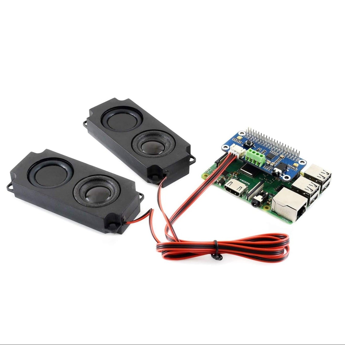 Raspberry Pi 連接 WM8960 聲卡及外置 8 歐姆喇叭的完整硬體組裝示範圖。