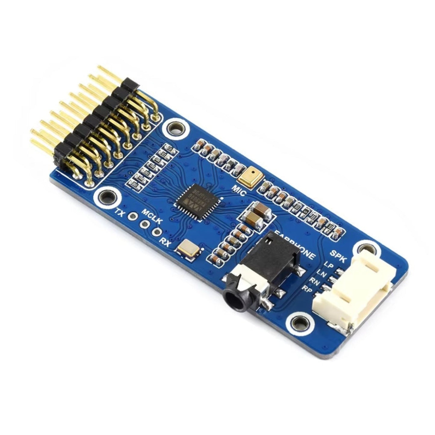 Waveshare WM8960 立體聲音頻解碼模組頂部視圖，清晰顯示 I2S 及 I2C 針腳，適合香港 STEM 教學使用。