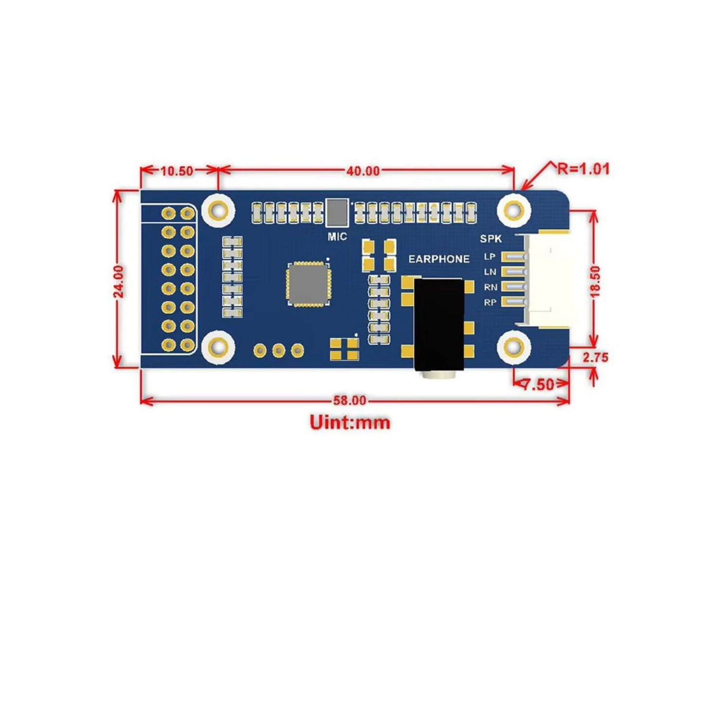 Waveshare WM8960 尺寸圖解，58x24mm 的極致小巧體積，極易隱藏於 DIY 專案外殼內。
