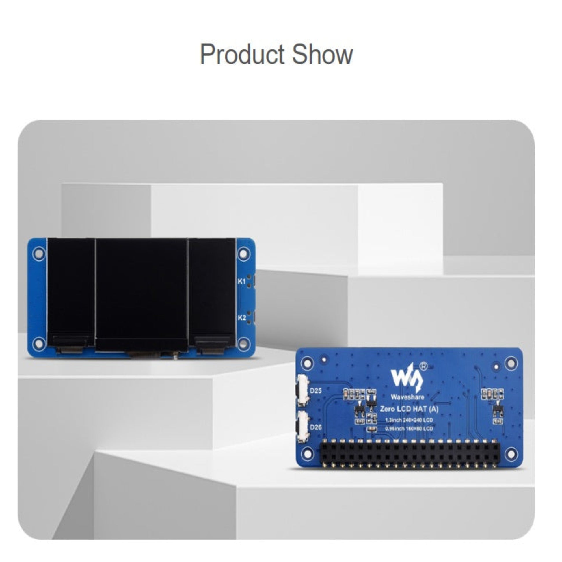 Front and back hardware view of the Waveshare Zero LCD HAT (A) for Raspberry Pi series.