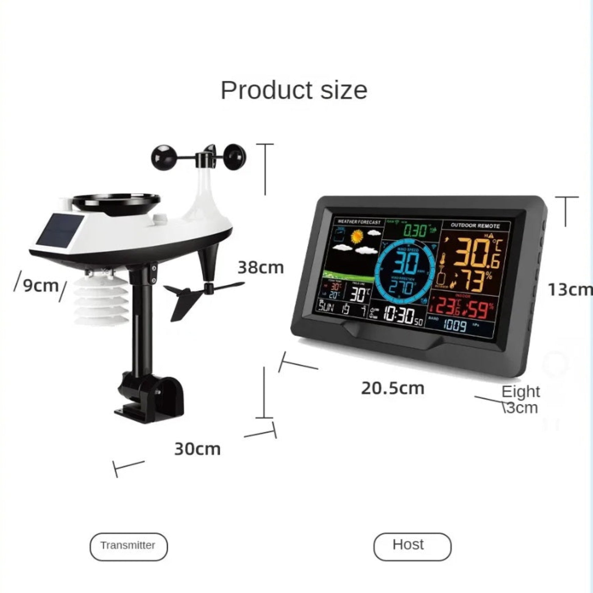 Exact product size and dimensions of the weather station host and transmitter.