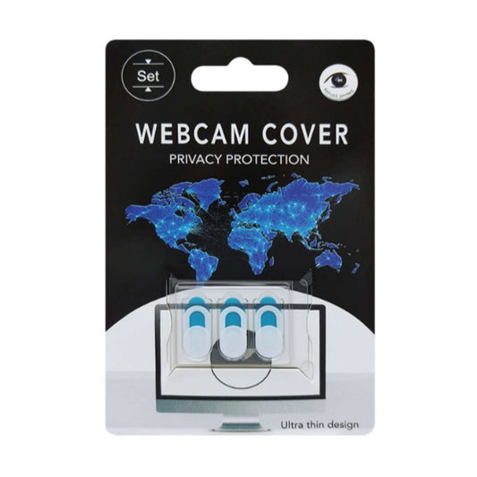 Set of 3 universal webcam covers for privacy protection, shown in retail packaging with world map design. Ultra-thin slider.
