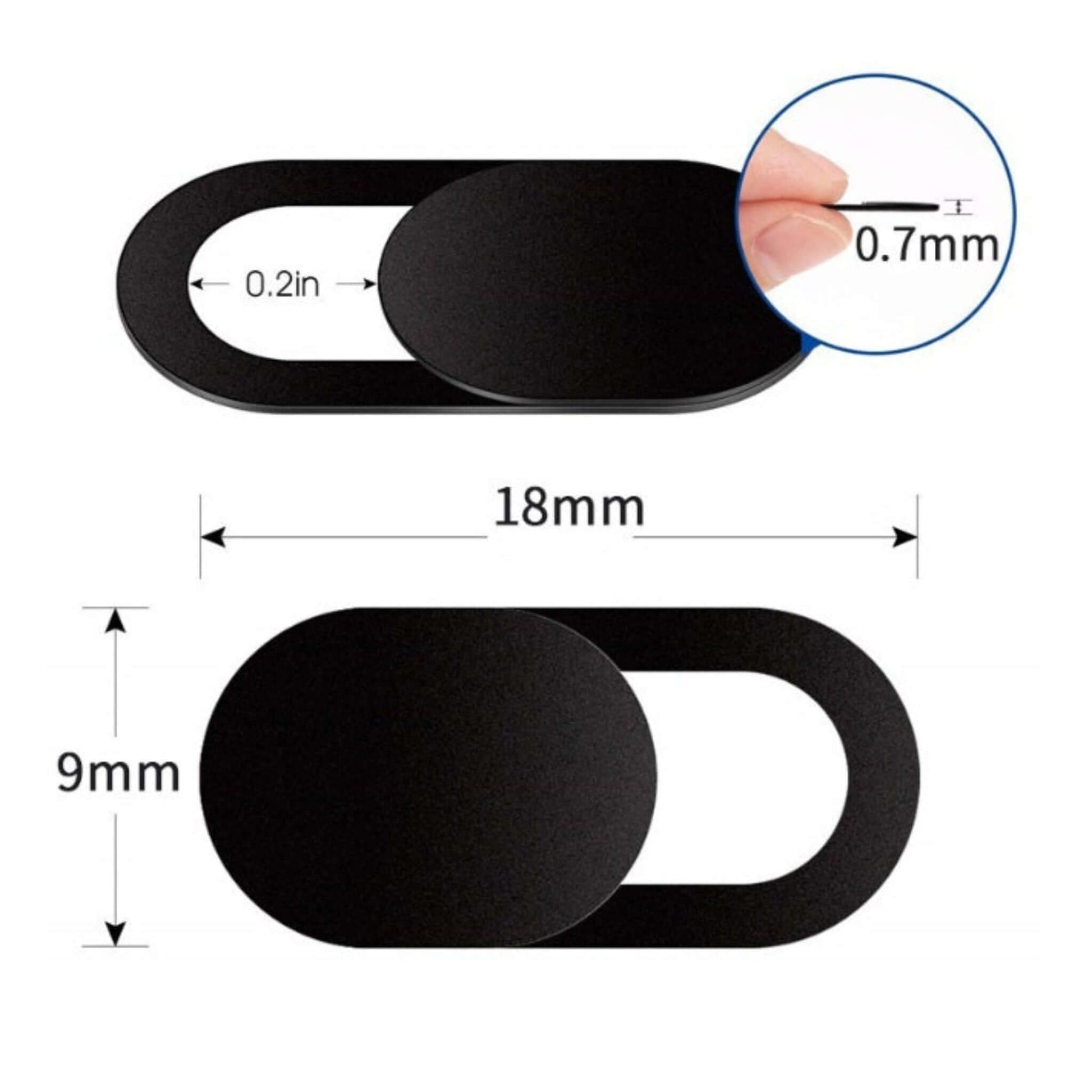 Close-up of black universal webcam cover showing ultra-thin 0.7mm profile and 18mm x 9mm dimensions.