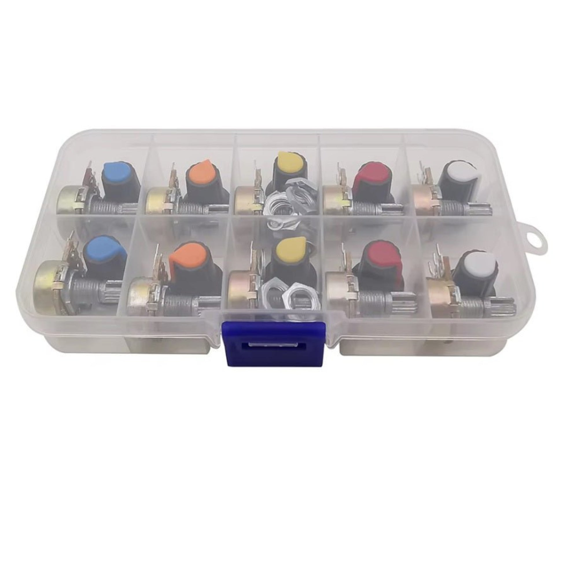 10pcs 10 Kinds Single Couplet Potentiometer Kit in a clear storage box featuring various resistance values and colors.