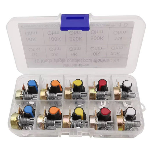 10pcs single couplet potentiometer kit in a transparent case showcasing various resistance values and knobs.