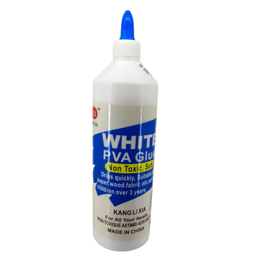Angled view of a 500ML bottle of non-toxic white PVA glue with a blue applicator tip.