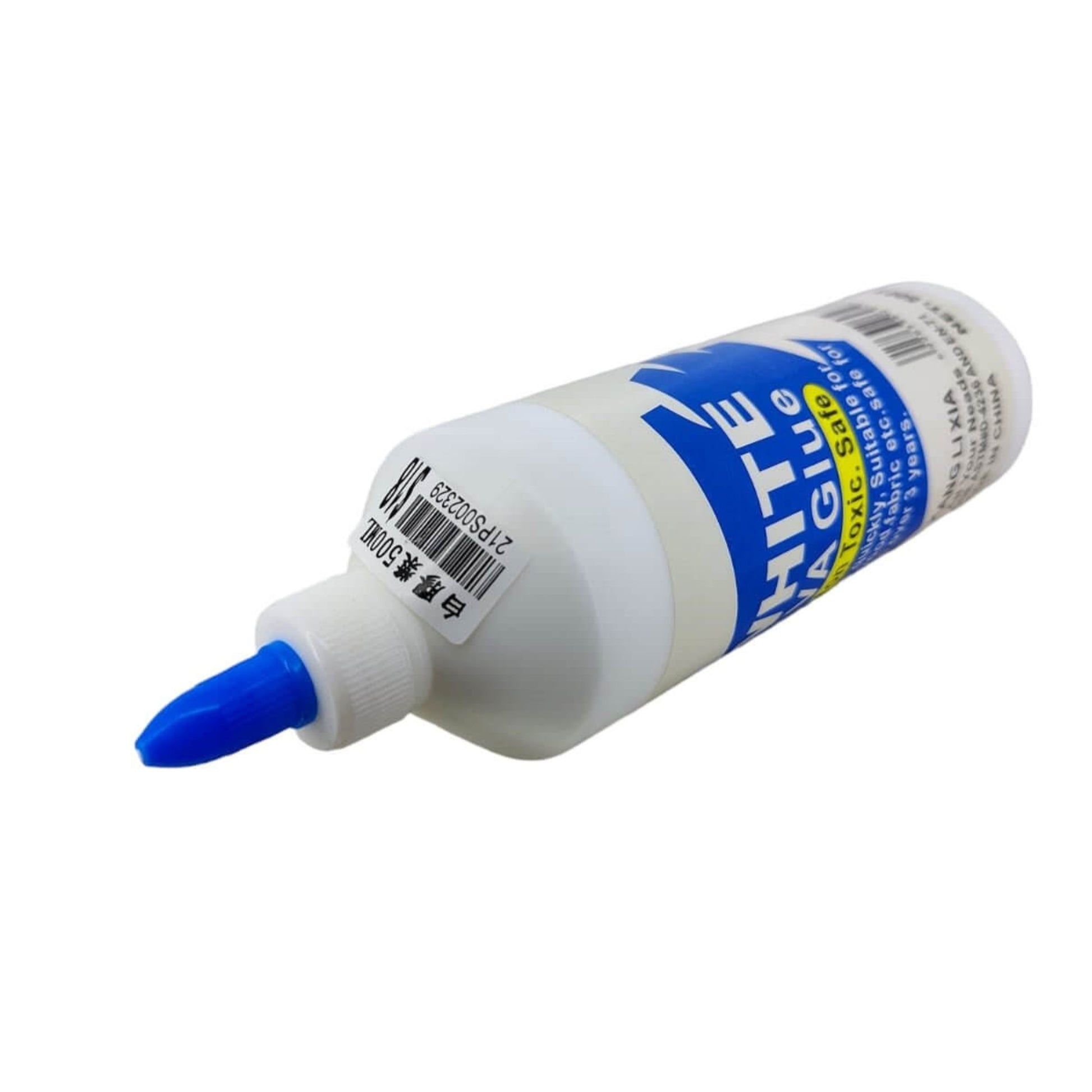 Front view of a 500ML bottle of KANG LI XIA white PVA glue, showing its non-toxic and quick-drying features.