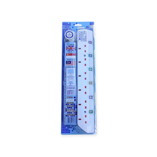 Front view of the Winstar 6-way surge protector extension lead in its packaging, showing the six UK sockets and individual power switches.
