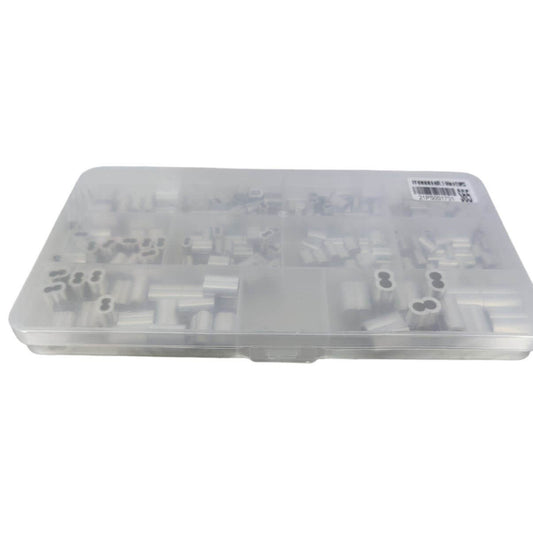 The 210-piece wire rope crimp sleeve kit shown in its clear plastic organizer case.