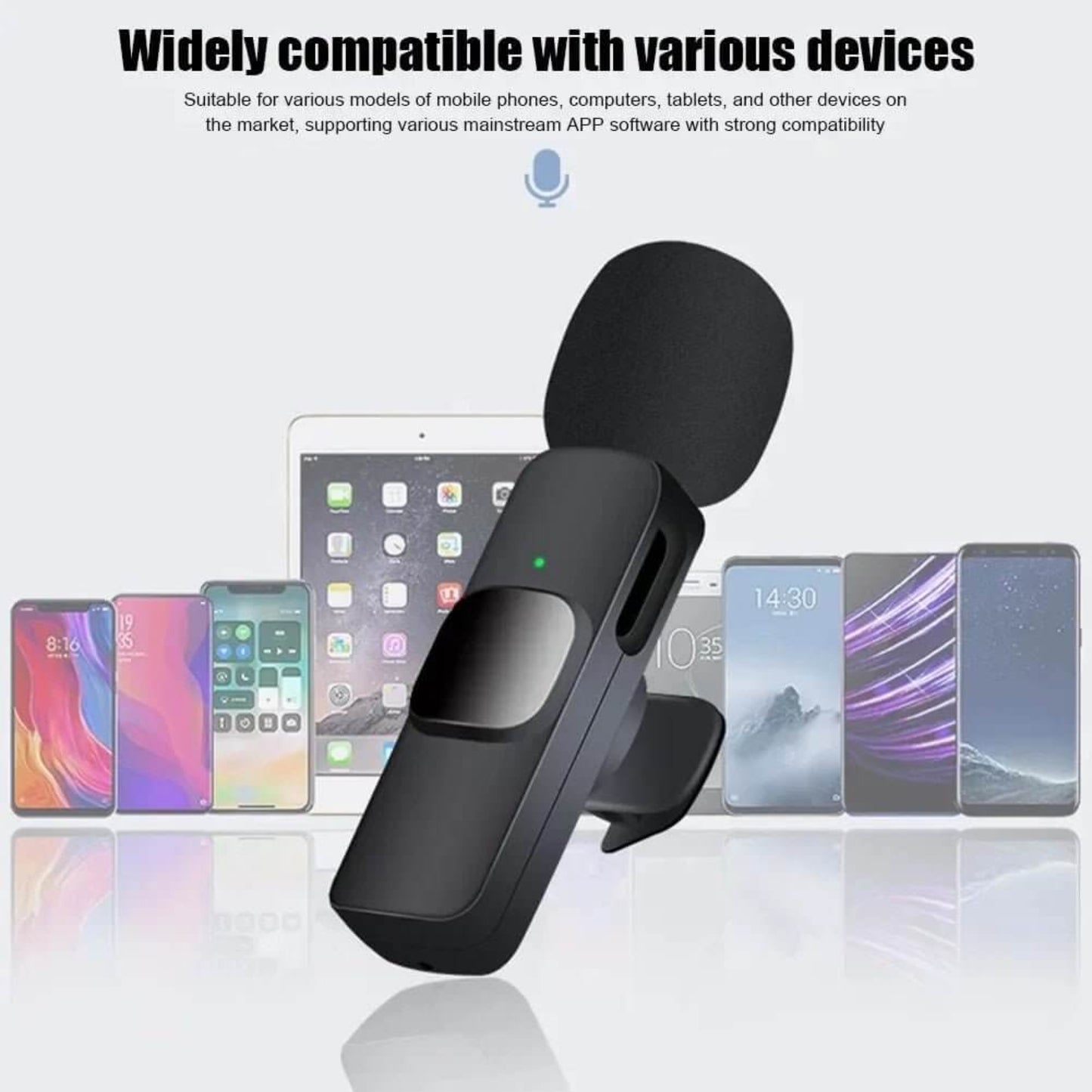 Wireless lavalier microphone compatible with various devices like phones, tablets, and computers.