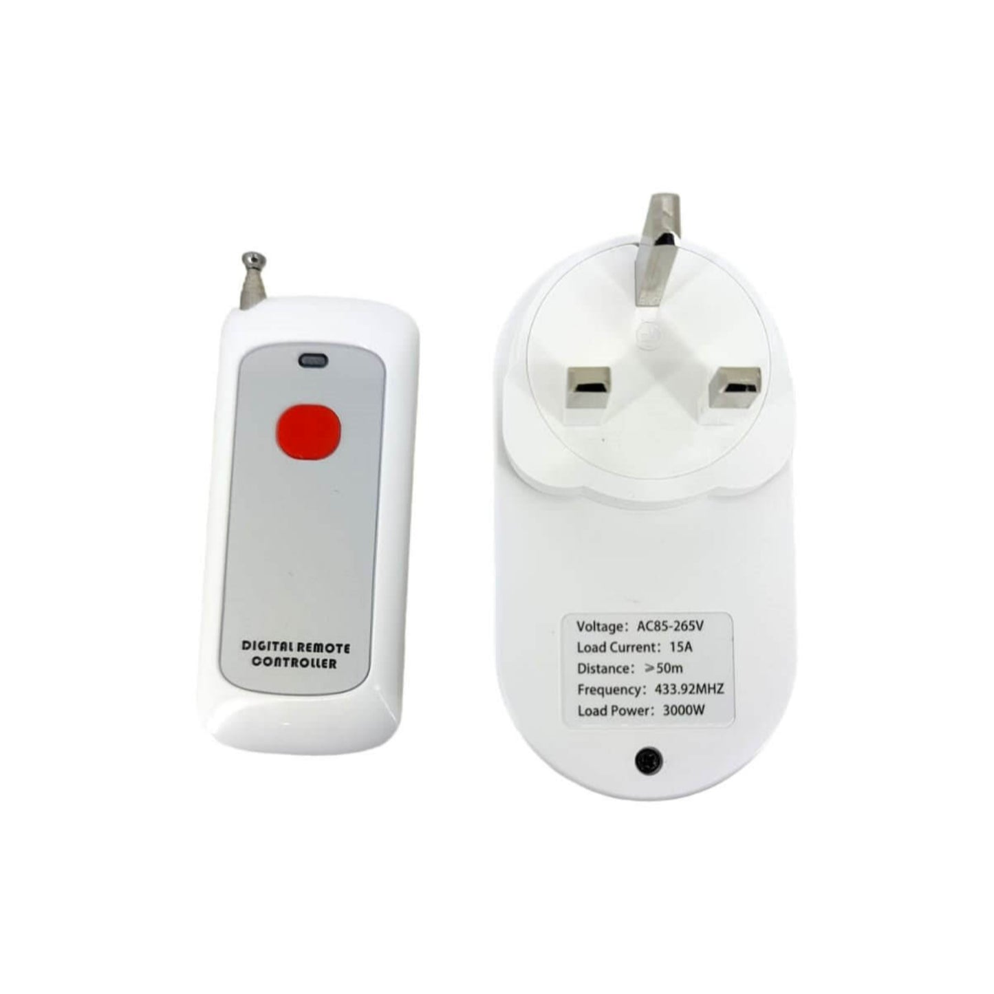 Wireless remote control socket with UK plug shown next to its single-button remote controller.