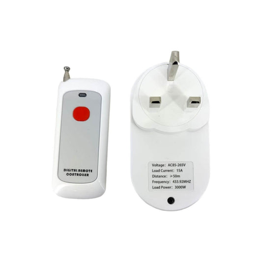 Wireless remote control socket with UK plug shown next to its single-button remote controller.