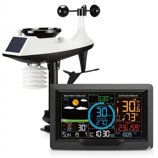 Complete wireless solar weather station with indoor display and outdoor sensor.