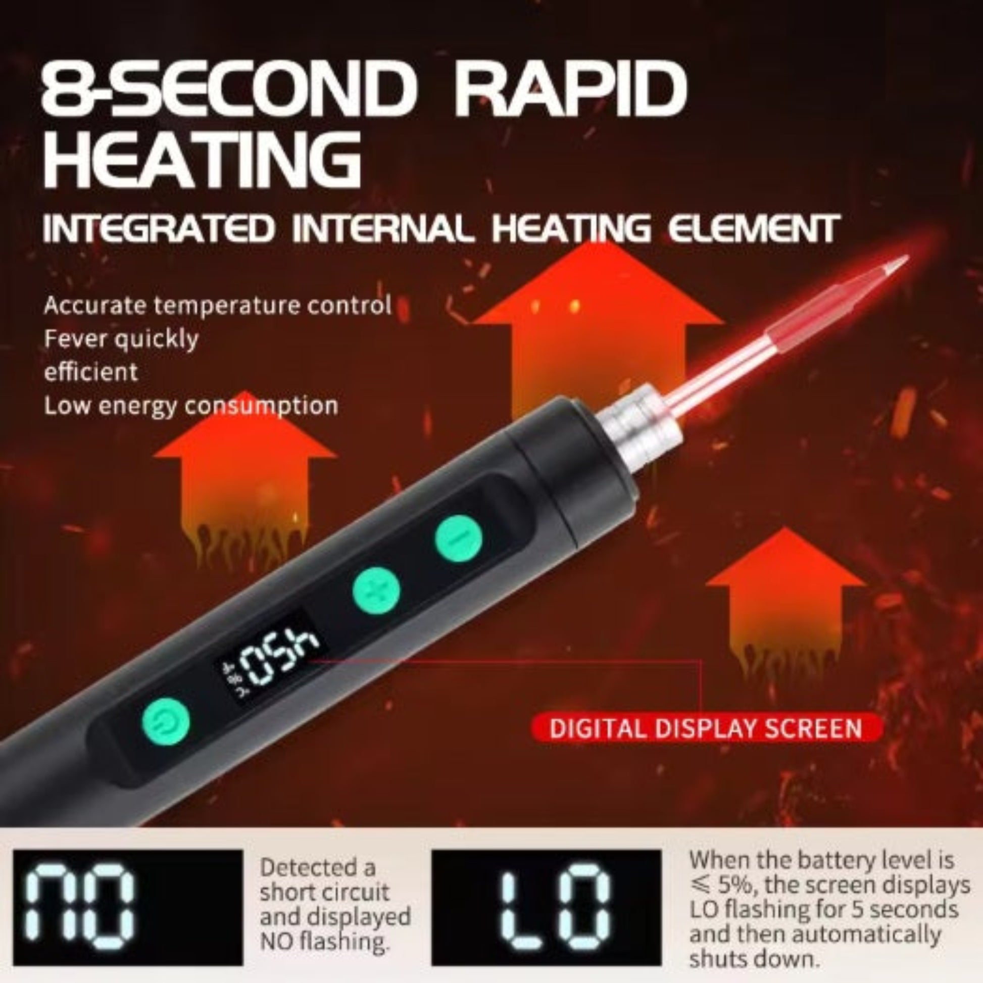 Portable soldering iron featuring 8-second rapid heating and internal heating element technology.