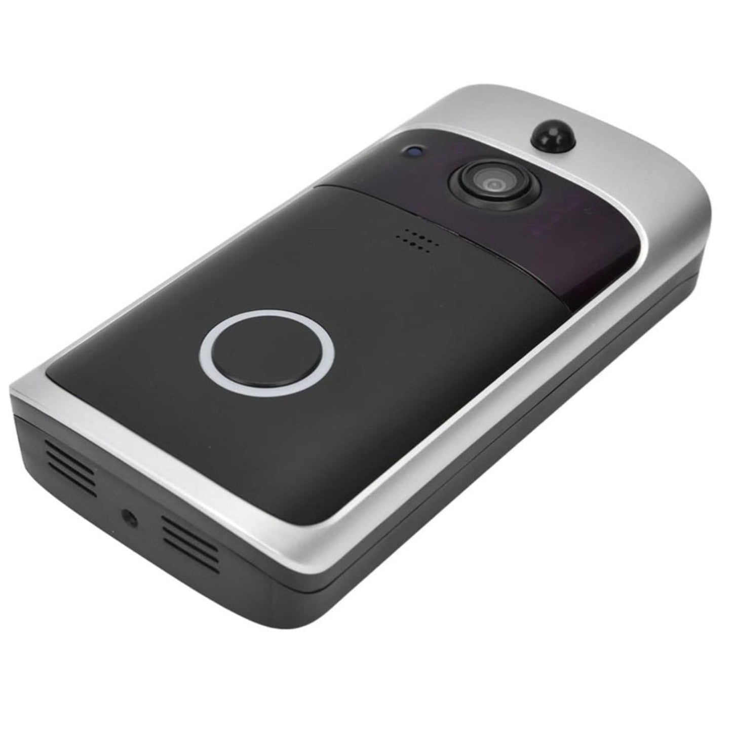 Angled view of the wireless video doorbell highlighting the camera lens and button.