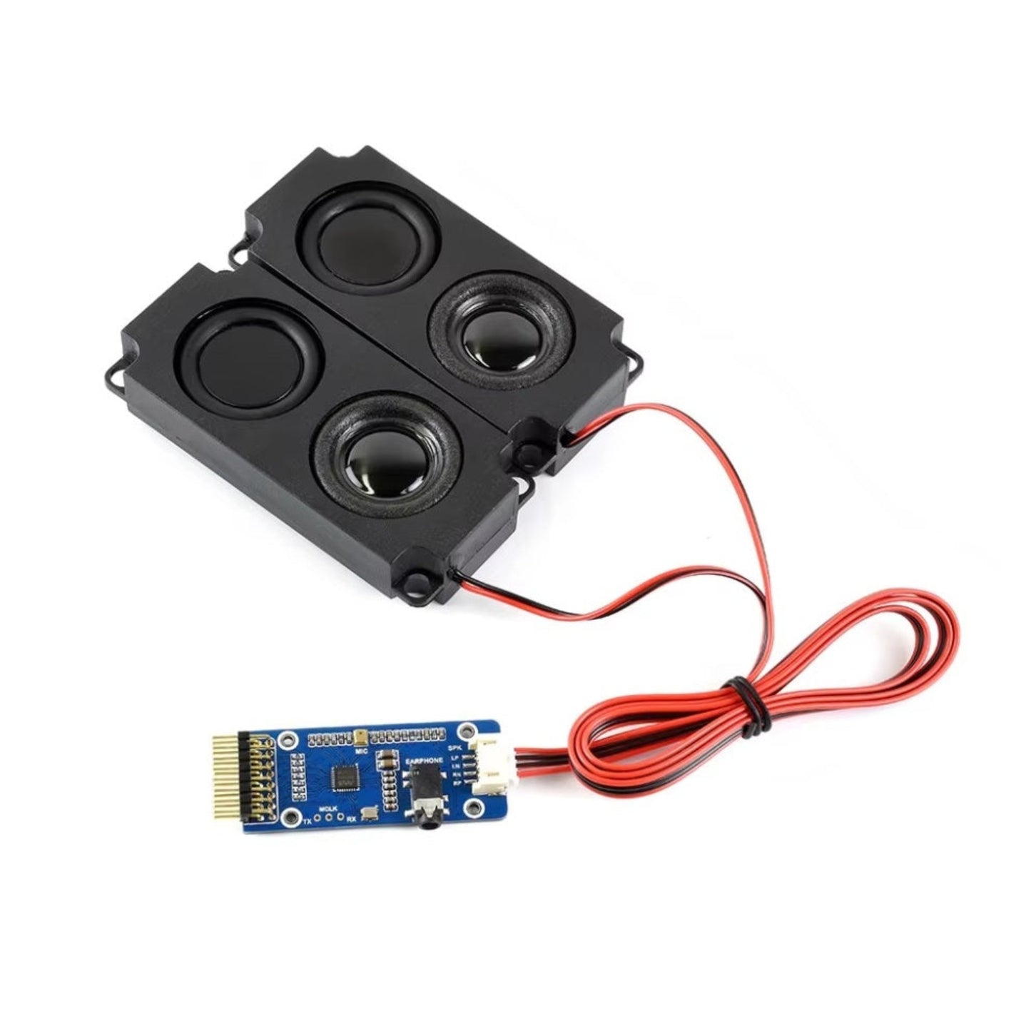 WM8960 音效模組連接附送的 8 歐姆 5W 雙喇叭，即插即用，無需外加擴音板。