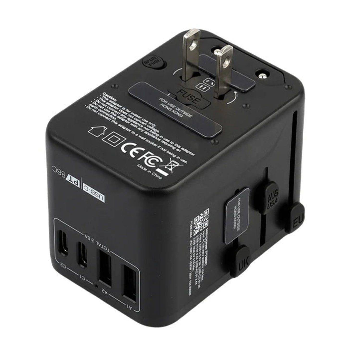 Sliding plug mechanism of PT88C for US UK EU and AU socket compatibility.