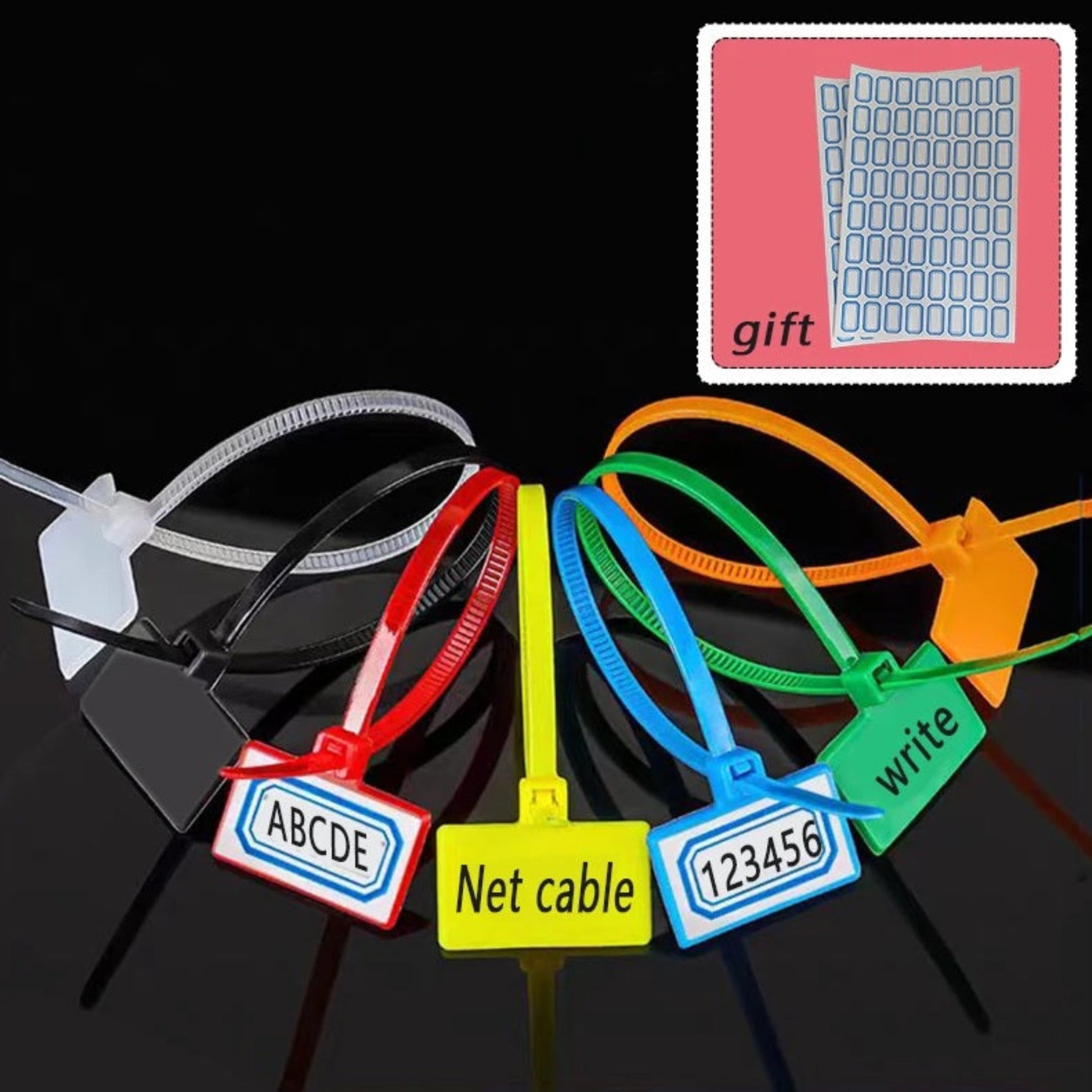 Close-up of six colorful tag cable ties, fanned out, showing examples of written labels like 'ABCDE', 'Net cable', and '12345'.