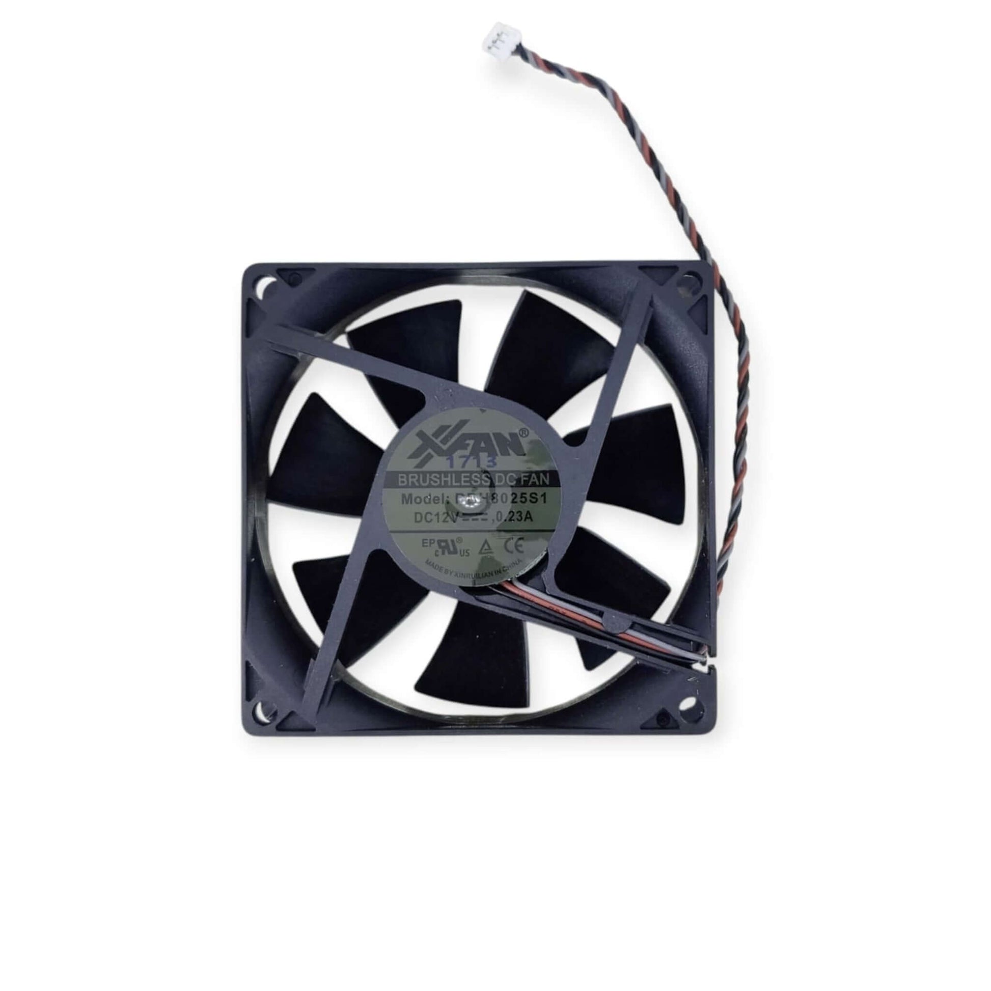 Top-down view of the XFAN RDL8025S1 80mm 12V brushless DC cooling fan, showing the fan blades and central sticker with specifications.