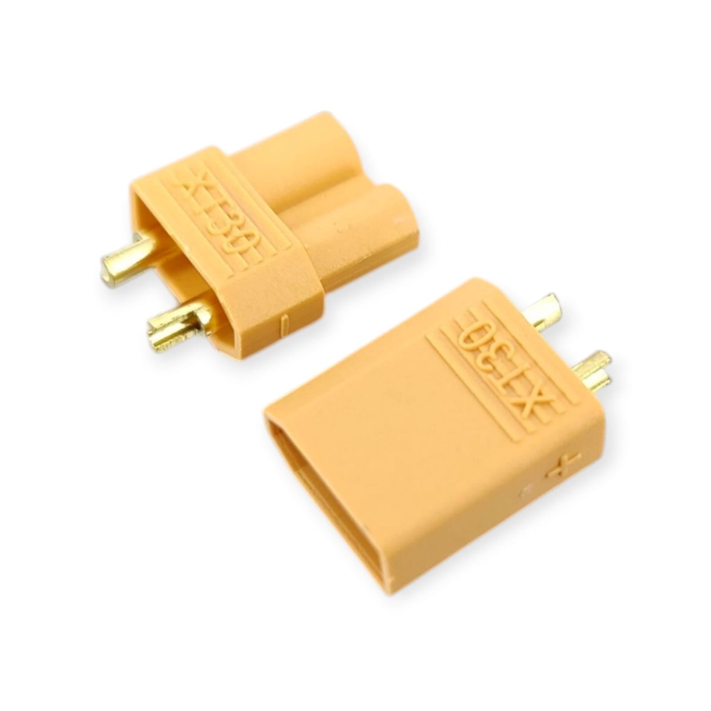A pair of yellow XT30 connectors, male and female, on a white background.