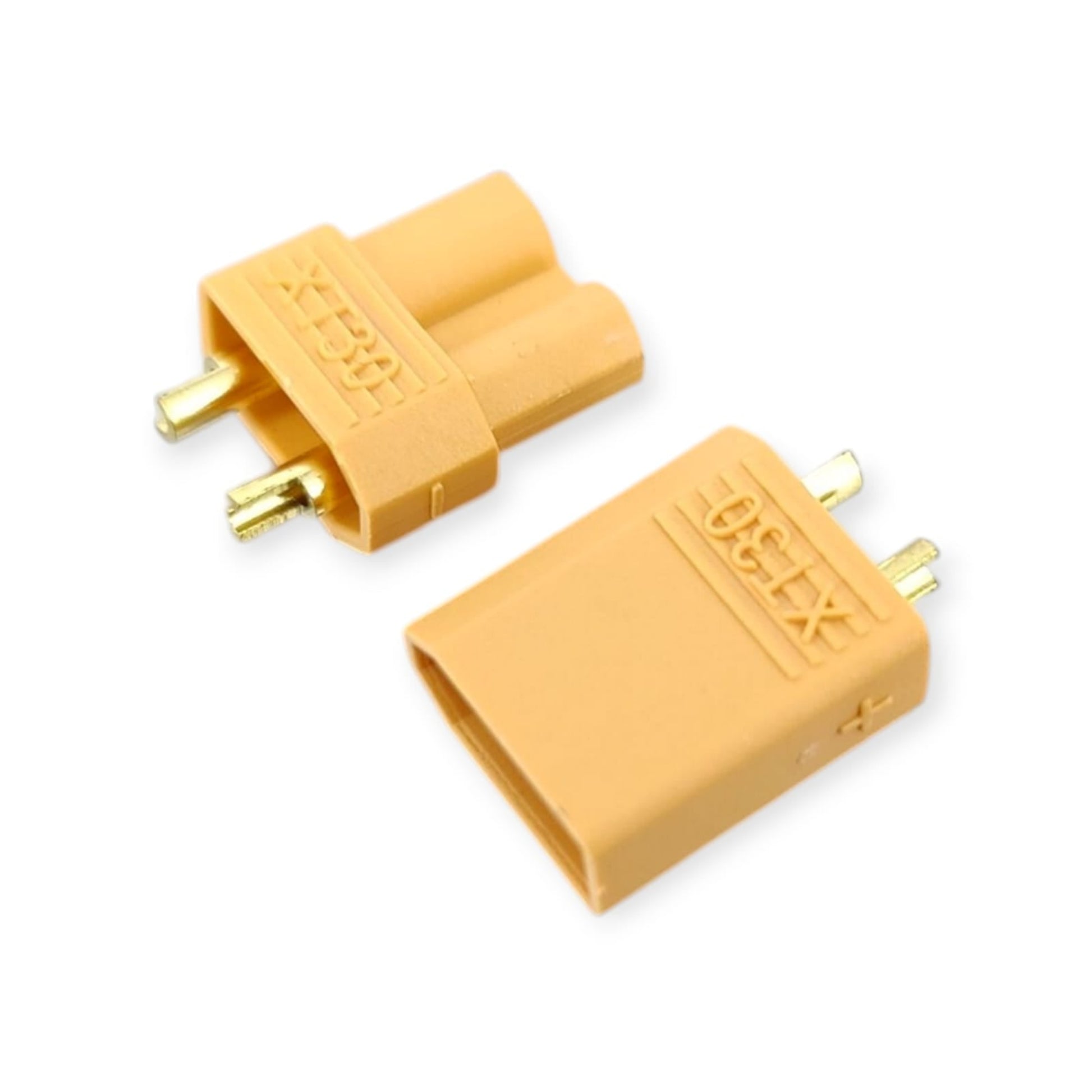 A pair of yellow XT30 connectors, male and female, on a white background.