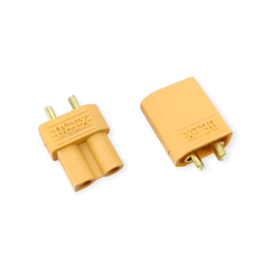 Angled view of a yellow XT30 male and female connector set for RC hobby use.