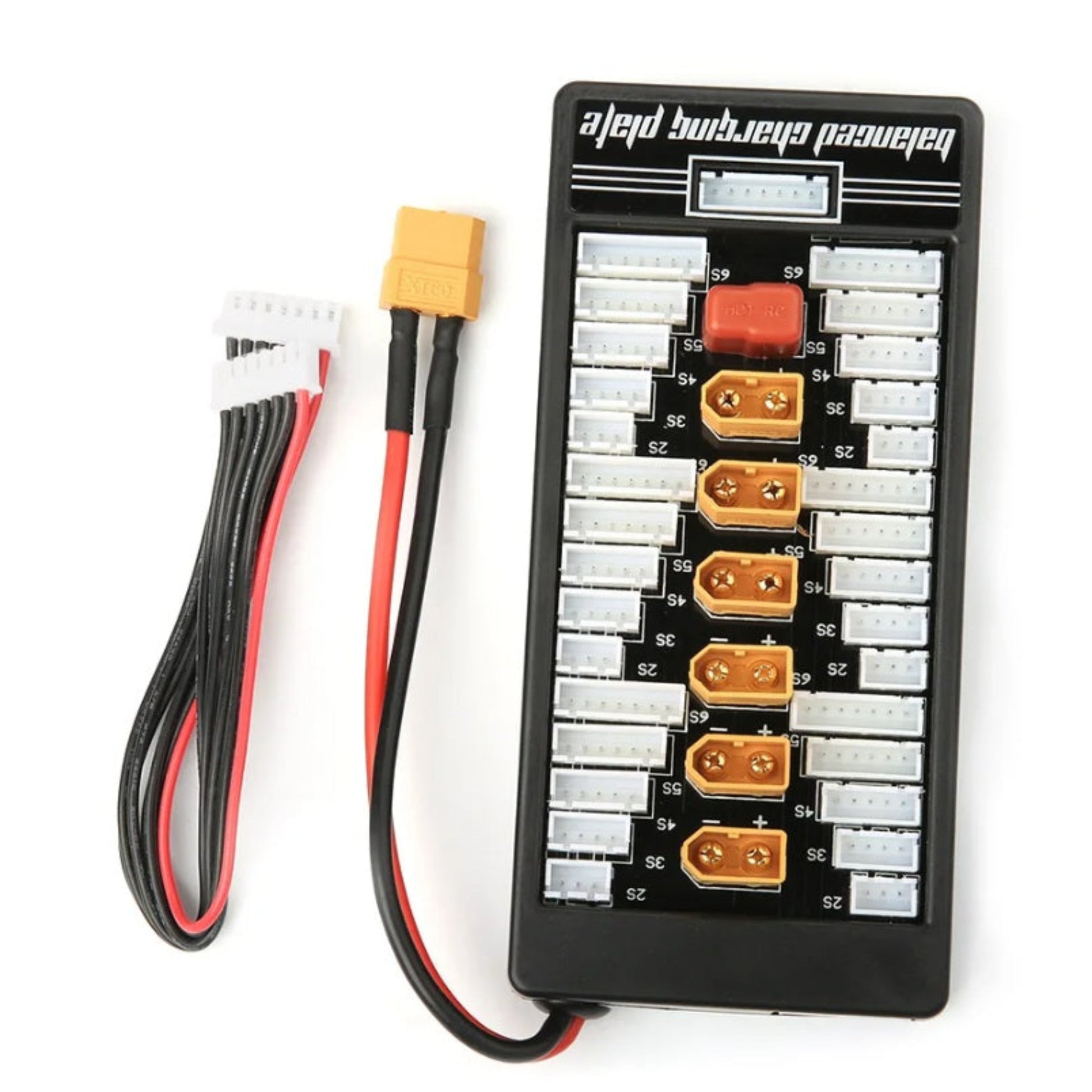 Top-down view of a 2-6S parallel balance charging board with six XT60 ports and 6S balance ports.
