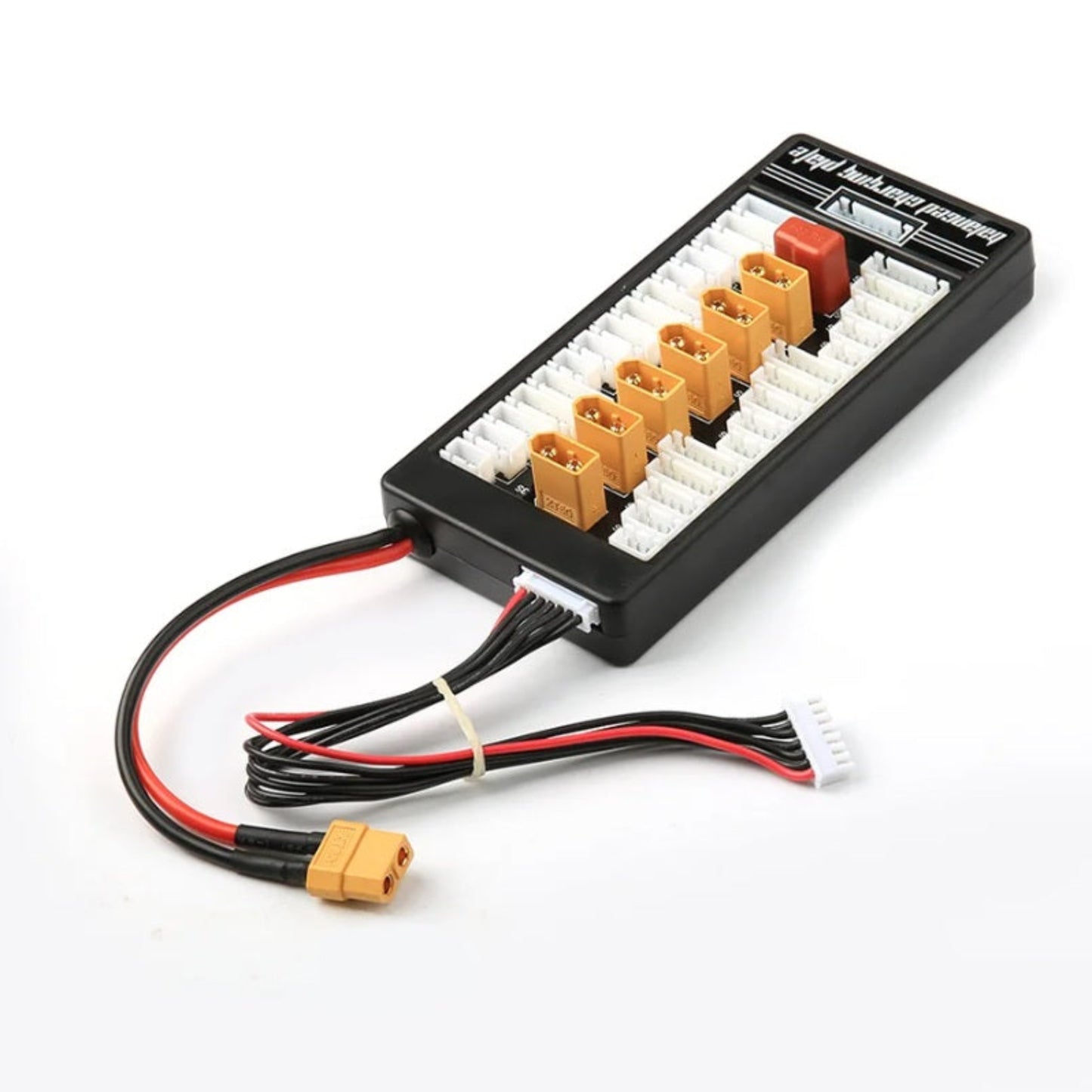 Angled view of the XT60 parallel charging board, showing the main XT60 input cable and 6S balance lead.