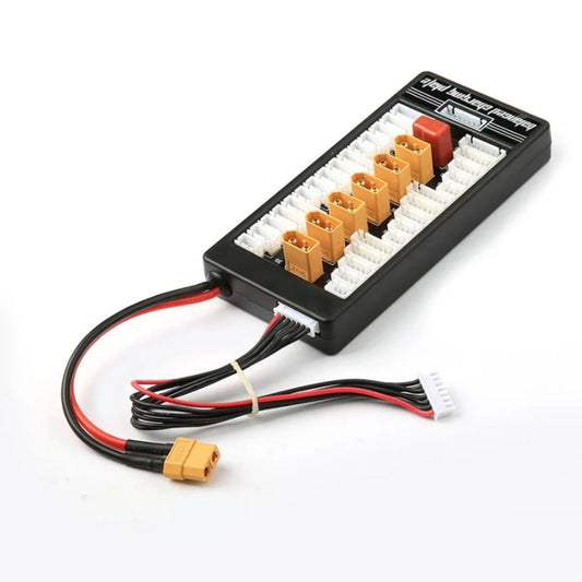 Angled view of the XT60 parallel charging board, showing the main XT60 input cable and 6S balance lead.