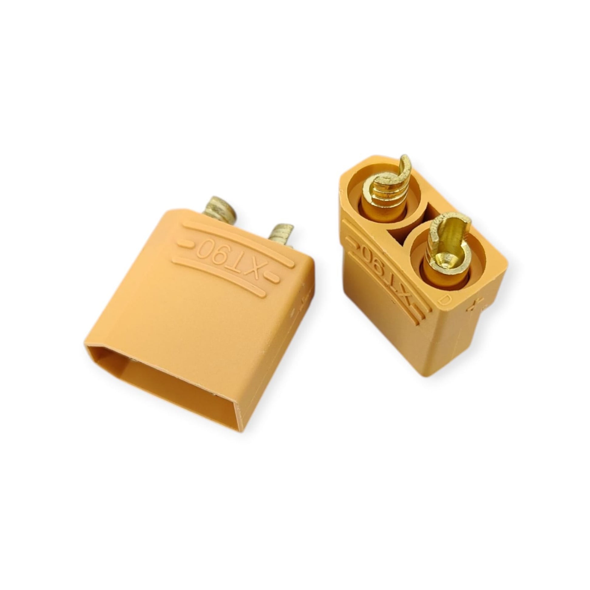 Close-up view of the gold-plated spring bullet terminals inside the female XT90 connector, with a protective solder cover.