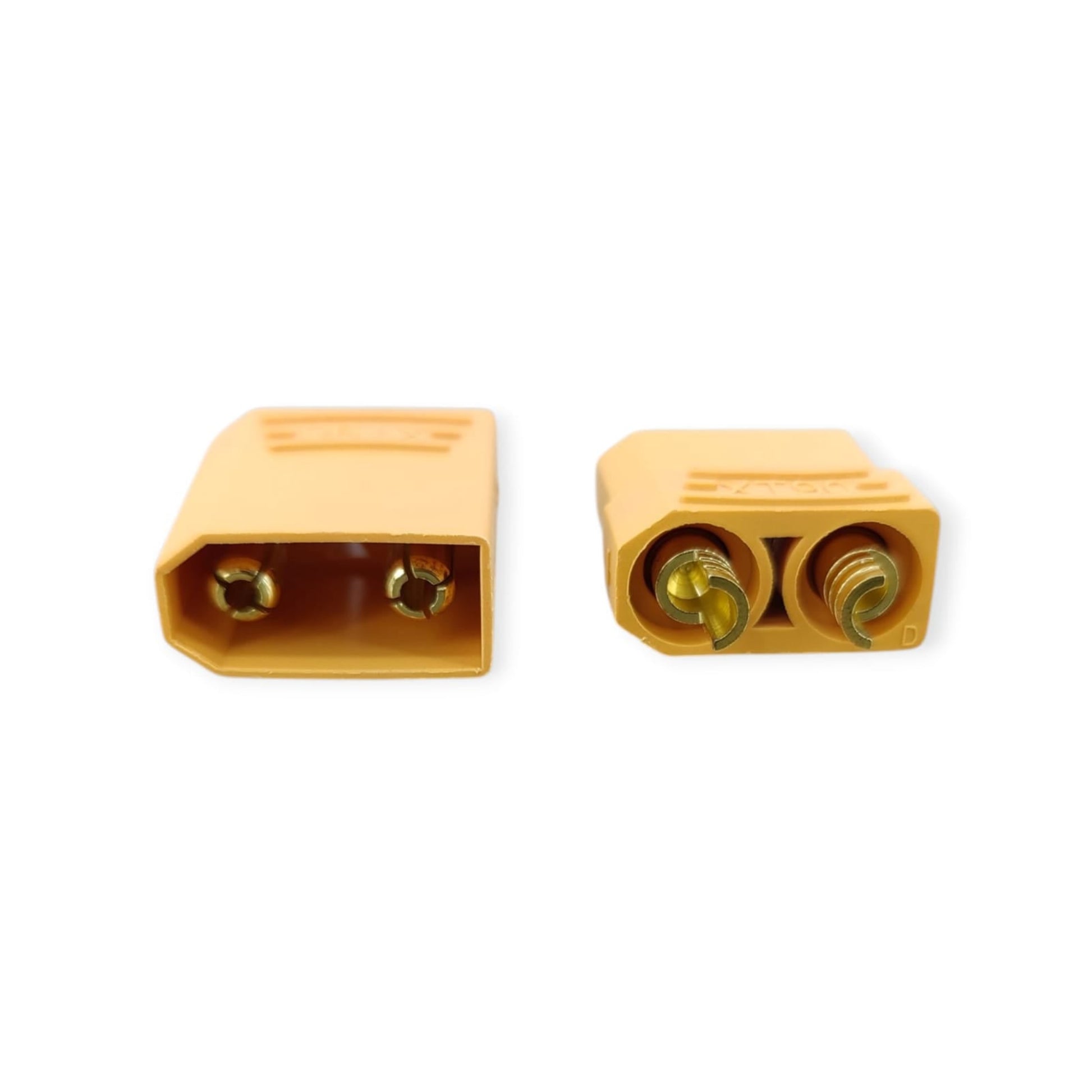 Top-down view of the XT90 male and female connector pair, highlighting the polarity markings and durable nylon housing.