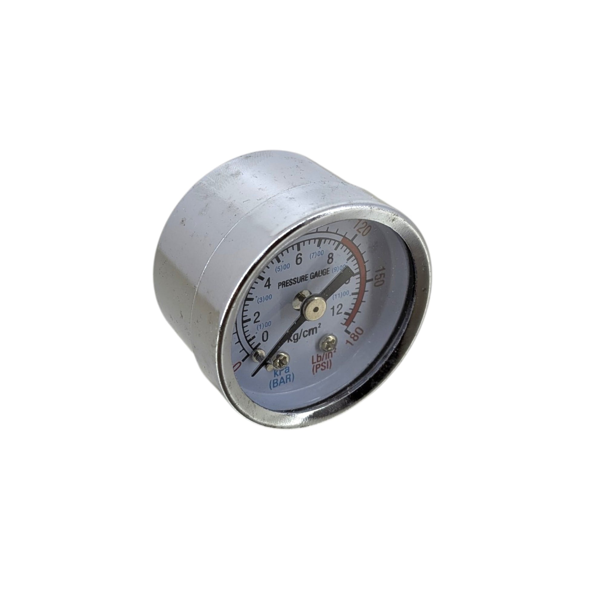 Angled view of the Y40 pressure gauge showing the durable metal casing and clear dual-scale dial up to 180 PSI.