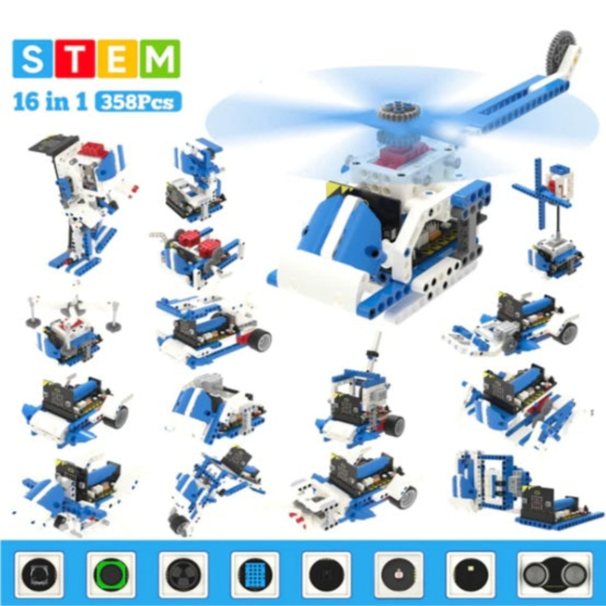 Yahboom Micro:bit 16-in-1 STEM robot kit featuring 358 building blocks and multiple programmable models.