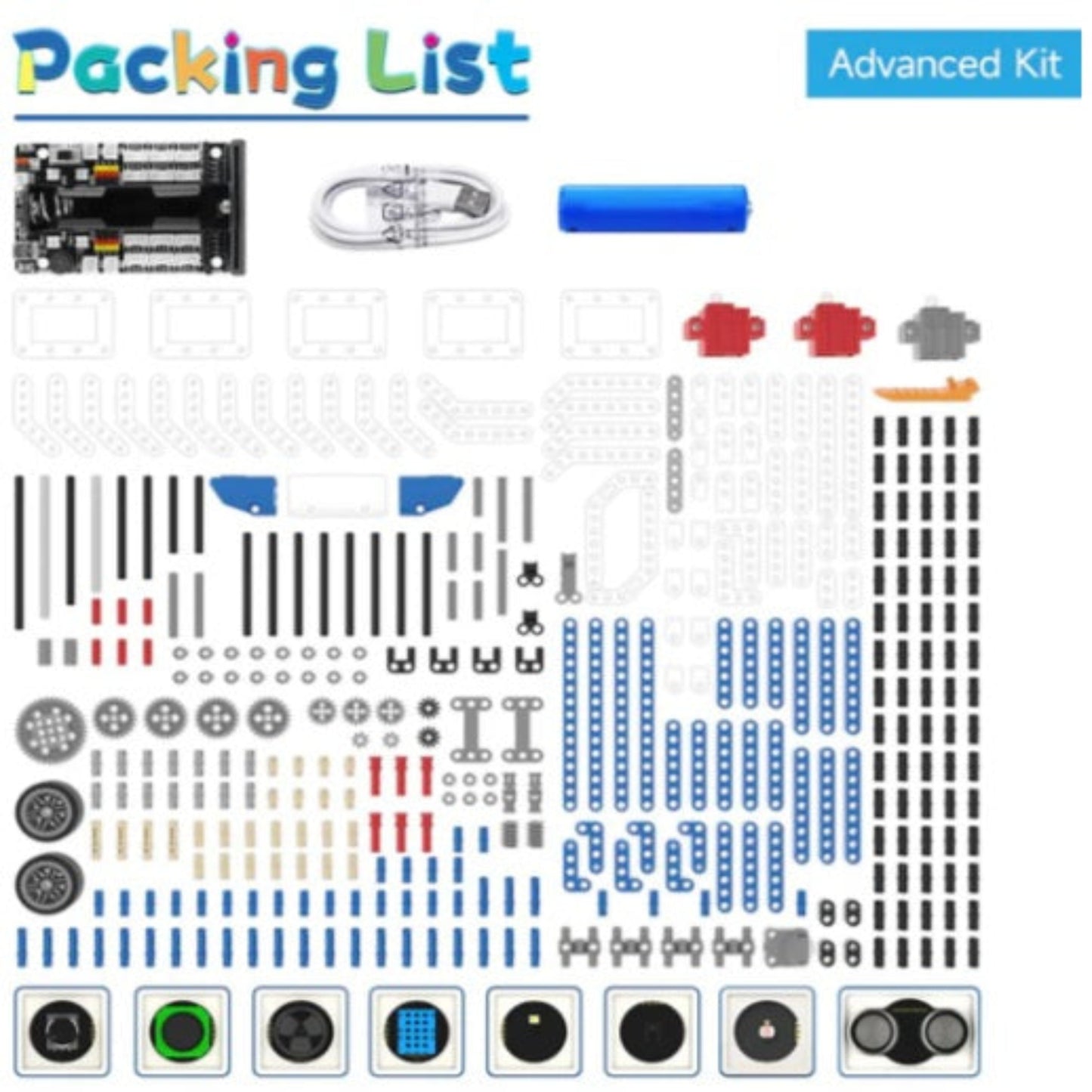 Detailed inventory of the advanced Yahboom Micro:bit robot kit including extra electronic sensor modules.