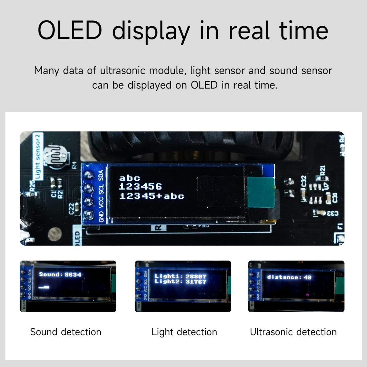 車載 OLED 顯示屏特寫，能實時顯示超聲波距離、光敏及聲音感測器的數值，方便用家在編程時進行除錯及監測。