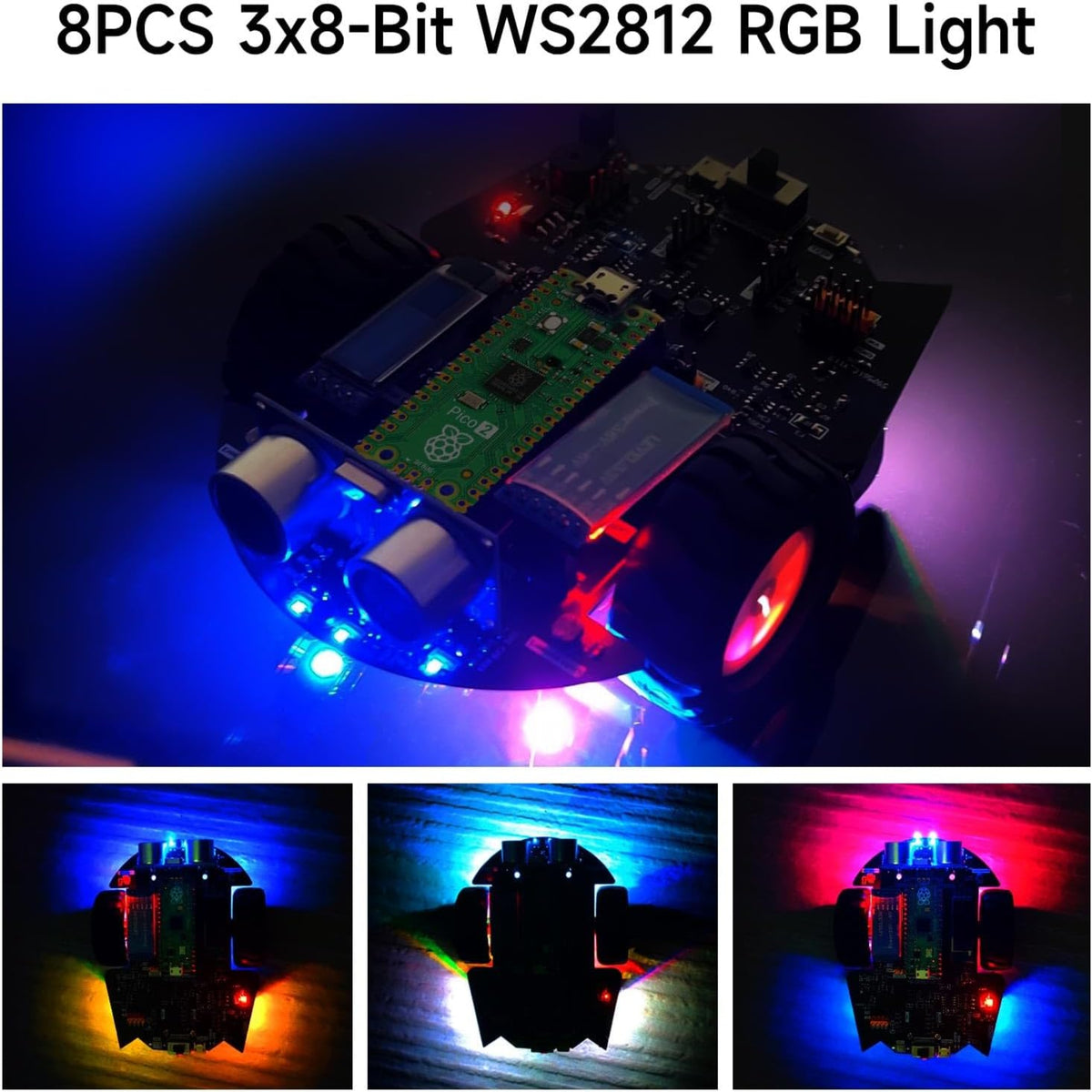 機械車底部配備 8 顆 WS2812 可編程 RGB LED 燈，在暗環境下展示多種炫酷的幻彩發光效果。